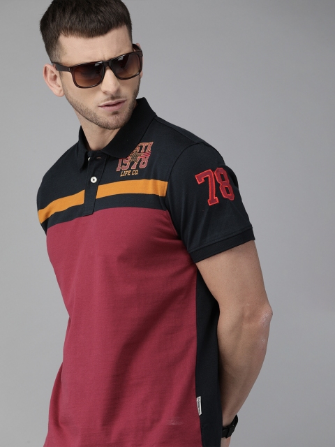 

Roadster Men Black & Pink Colourblocked Polo Collar T-shirt