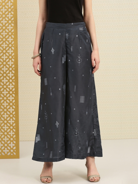 

House of Pataudi Women Charcoal Grey & Silver Printed Wide Leg Palazzos