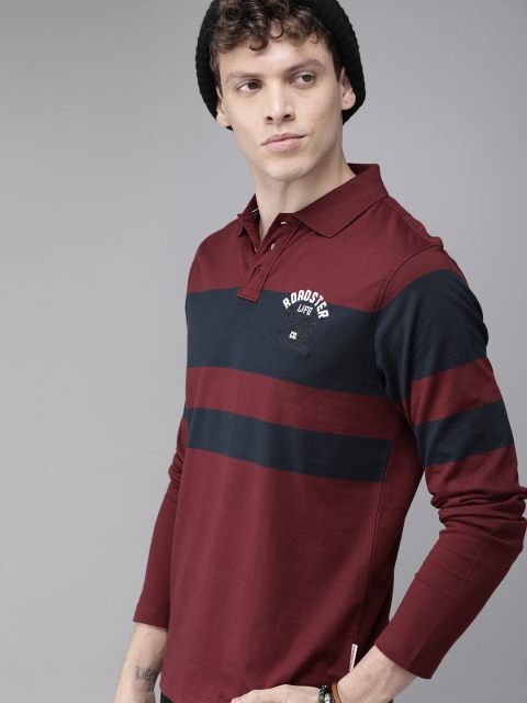 

The Roadster Lifestyle Co Men Maroon Navy Blue Striped Polo Collar Pure Cotton T-shirt