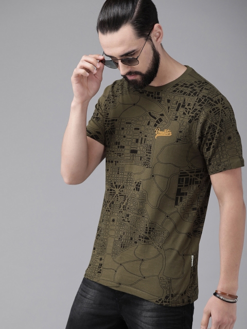 

Roadster Men Olive Green Printed Round Neck T-shirt