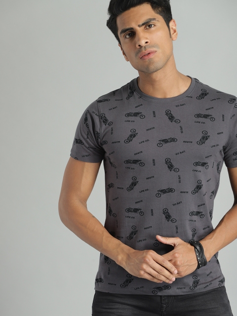 

Roadster Men Charcoal Grey Printed Round Neck T-shirt