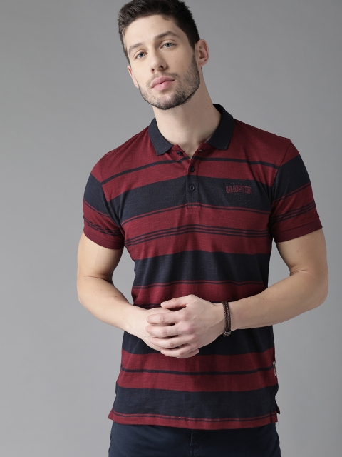 

Roadster Men Maroon & Navy Blue Striped Polo Collar T-shirt