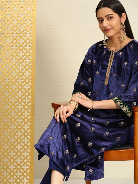 

House of Pataudi Women Navy Blue & Golden Velvet Embroidered Kurta with Trousers