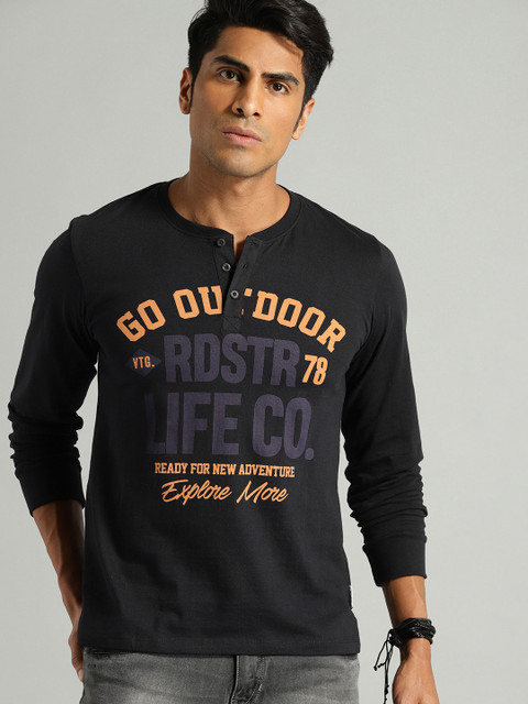 

Roadster Men Black Printed Mandarin Collar T-shirt