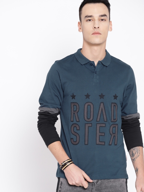 

Roadster Men Teal Blue Embroidered Polo Collar T-shirt