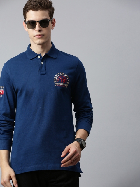 

Roadster Men Blue Solid Polo Collar T-shirt with Embroidered Detail