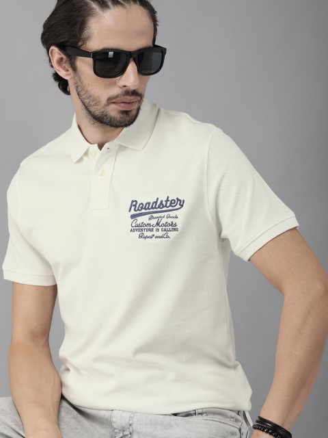 

Roadster Men Off-White Solid Polo Collar T-shirt With Embroidered Detail