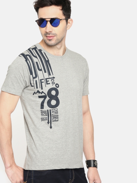 

Roadster Men Grey Melange & Navy Blue Printed Round Neck T-shirt