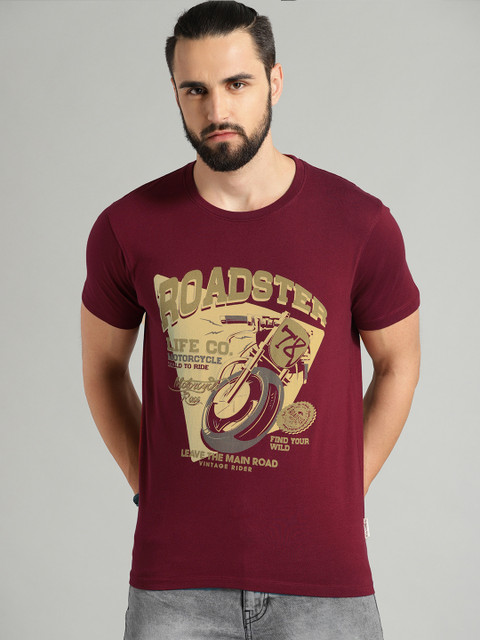 

Roadster Men Maroon Printed Round Neck T-shirt
