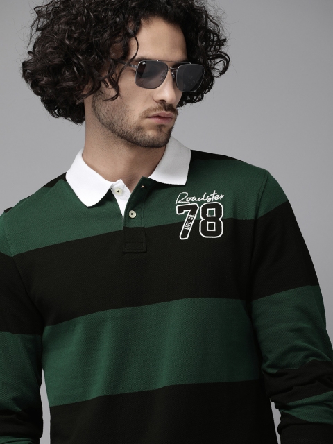 

Roadster Men Black & Green Striped Polo Collar T-shirt