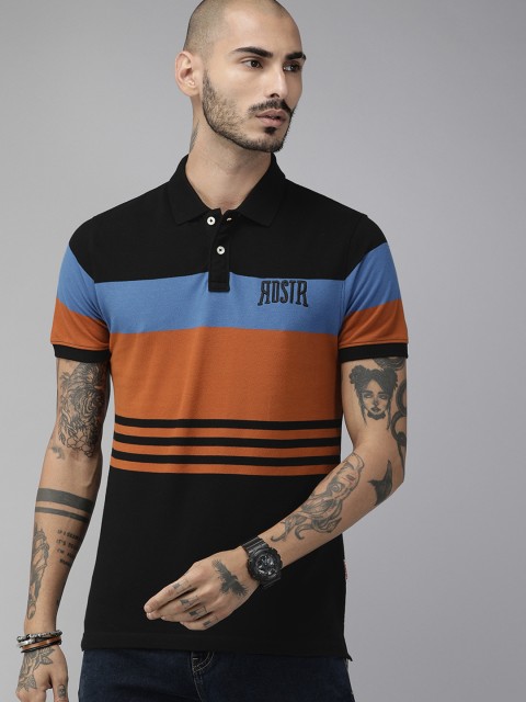 

Roadster Men Black Striped Polo Collar T-shirt