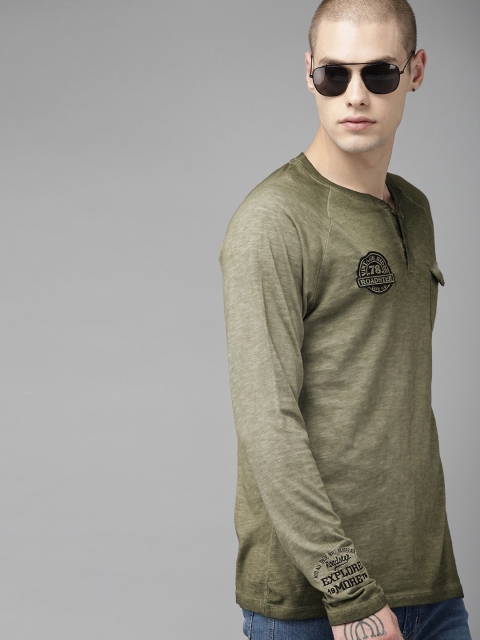 

Roadster Men Olive Green Dyed Henley Neck T-shirt