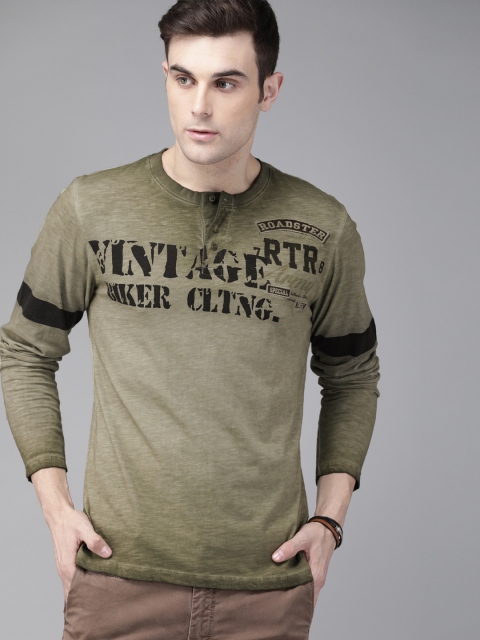 

Roadster Men Olive Green Dyed Henley Neck T-shirt