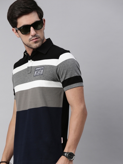 

Roadster Men Grey & Black Colourblocked Polo Collar T-shirt