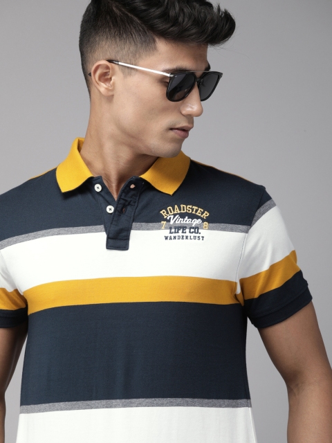 

Roadster Men Navy Blue & White Striped Polo Collar T-shirt