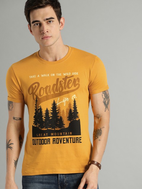 

Roadster Men Mustard Yellow Printed Round Neck T-shirt