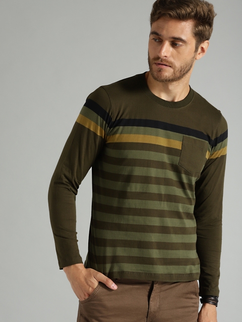 

Roadster Men Green Striped Round Neck T-shirt