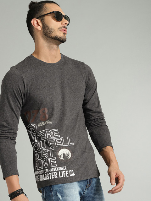 

Roadster Men Charcoal Grey Printed Round Neck T-shirt