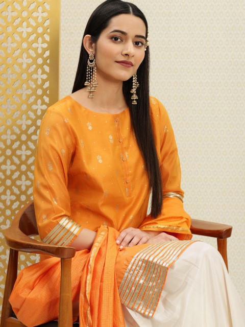 

House of Pataudi Women Orange & Off-White Printed Kurta with Sharara & Dupatta