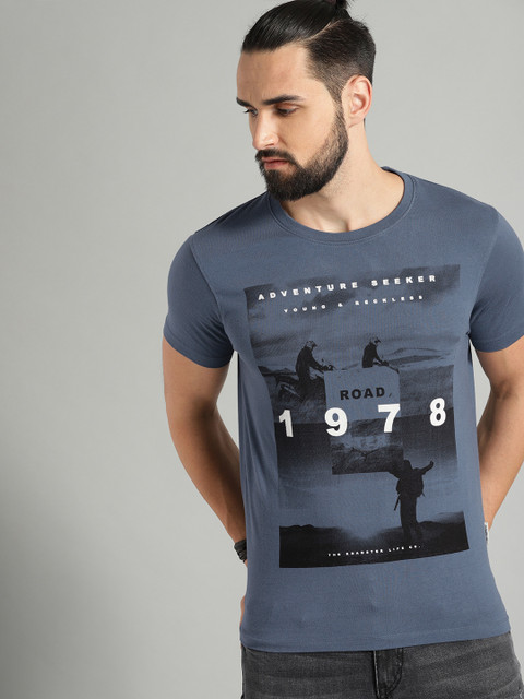 

The Roadster Lifestyle Co Men Blue Printed Round Neck Pure Cotton T-shirt