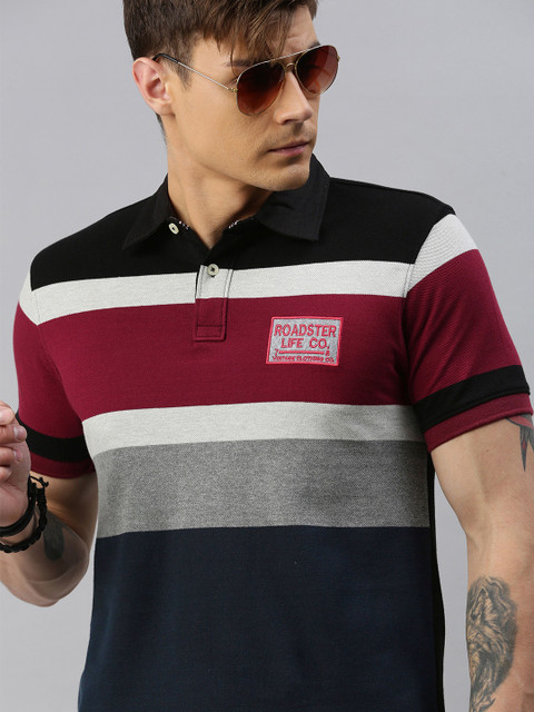 

The Roadster Lifestyle Co Men Navy Blue Colourblocked Polo Collar Pure Cotton T-shirt