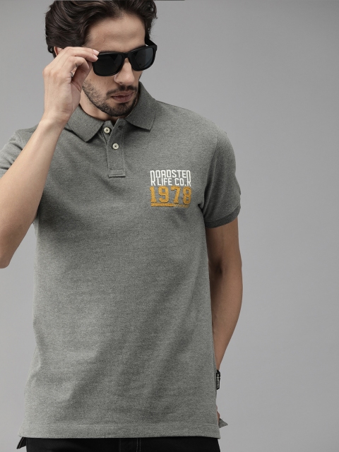 

The Roadster Lifestyle Co Men Grey Solid Polo Collar T-shirt With Applique Detail