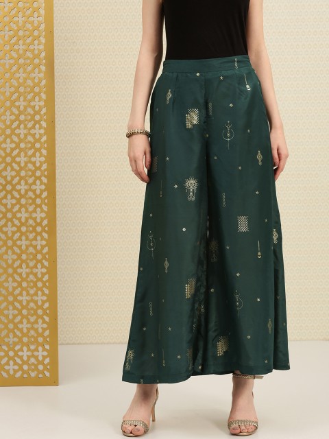 

House of Pataudi Women Green & Golden Printed Wide Leg Palazzos