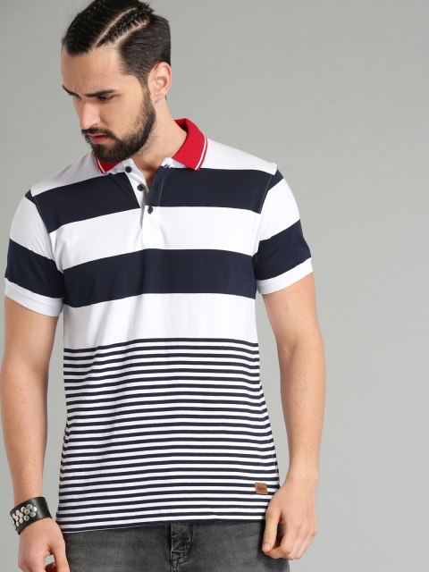 

Roadster Men White & Navy Blue Striped Polo T-shirt