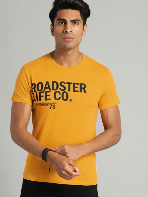 

Roadster Men Mustard Yellow Printed Round Neck T-shirt