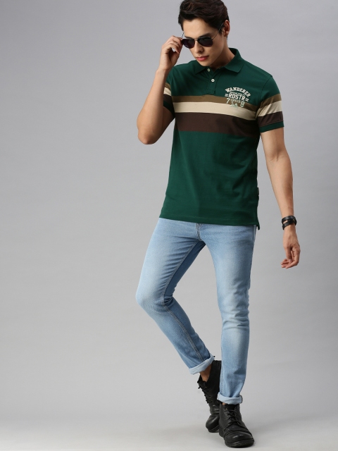 

The Roadster Lifestyle Co Men Green Brown Striped Polo Collar Pure Cotton T-shirt