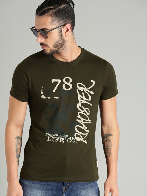 

Roadster Men Olive Green Printed Round Neck T-shirt