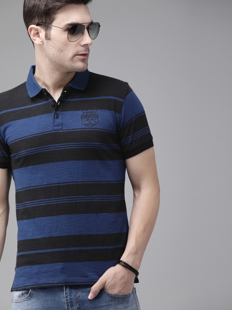 

Roadster Men Black & Blue Striped Polo Collar T-shirt