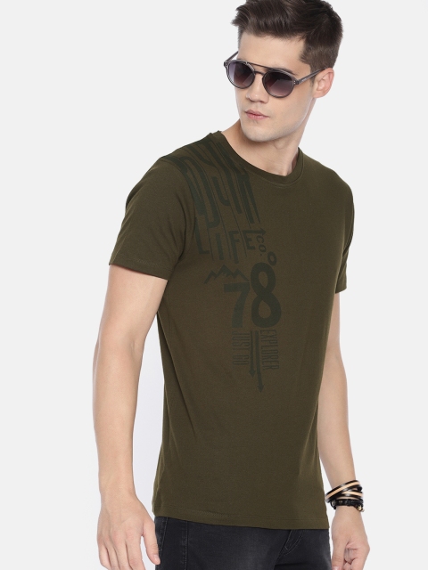 

Roadster Men Olive Green Printed Round Neck T-shirt