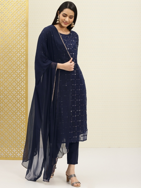 

House of Pataudi Women Navy Blue Embroidered Kurta with Trousers & Dupatta