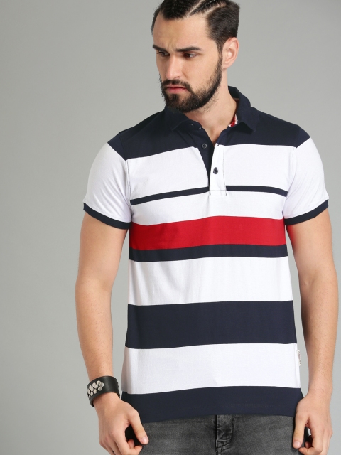 

Roadster Men White & Navy Blue Striped Polo T-shirt