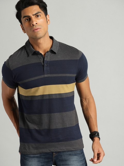 

Roadster Men Charcoal Grey & Navy Blue Striped Polo Collar T-shirt