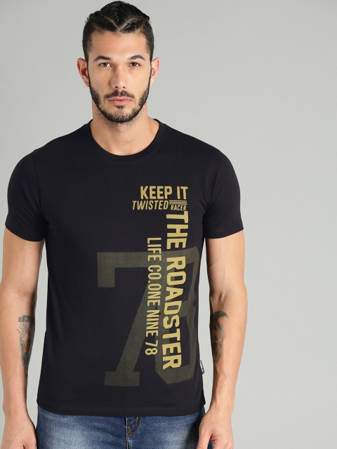 

Roadster Men Black Printed Round Neck T-shirt
