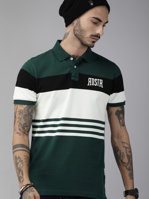 

Roadster Men Green Striped Polo Collar T-shirt