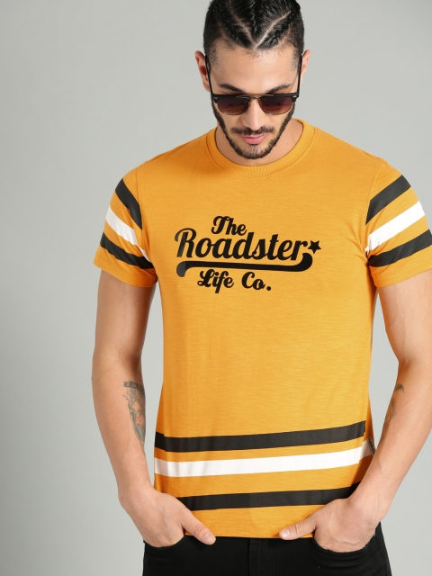 

Roadster Men Mustard Printed Round Neck T-shirt