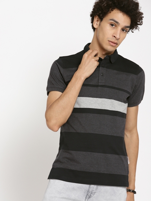 

Roadster Men Black & Charcoal Grey Striped Polo Collar T-shirt