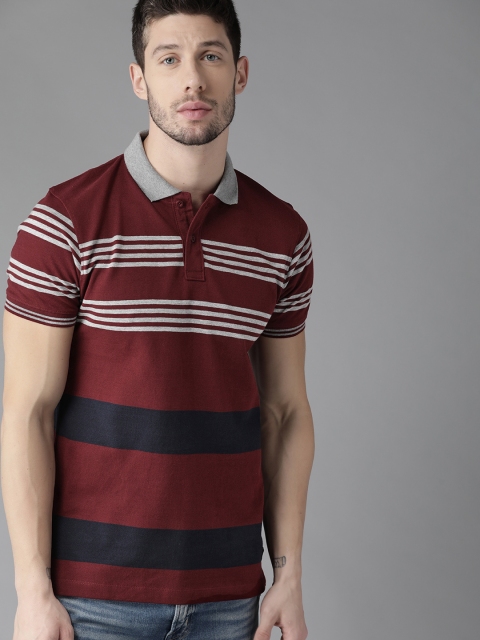 

Roadster Men Burgundy & Grey Melange Striped Polo Collar T-shirt