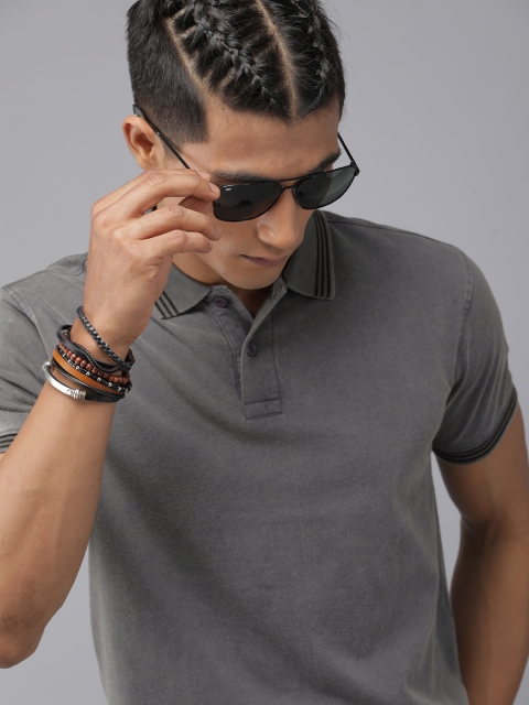 

The Roadster Lifestyle Co Men Grey Solid Polo Collar Pure Cotton T-shirt