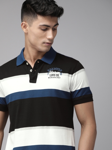 

The Roadster Lifestyle Co Men Black White Striped Polo Collar Pure Cotton T-shirt