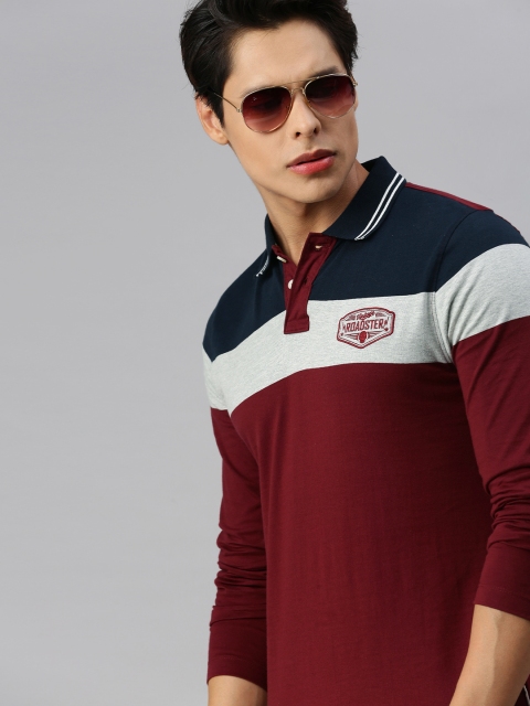 

Roadster Men Maroon & Navy Blue Colourblocked Polo Collar T-shirt