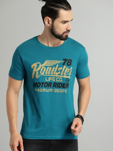 

Roadster Men Teal Blue Printed Round Neck T-shirt