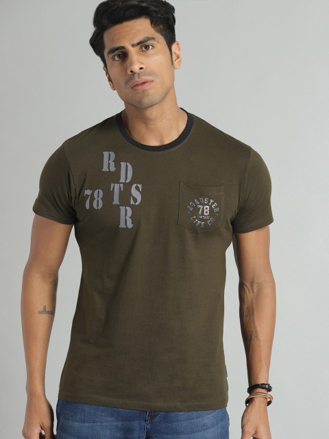 

Roadster Men Olive Green Printed Round Neck T-shirt