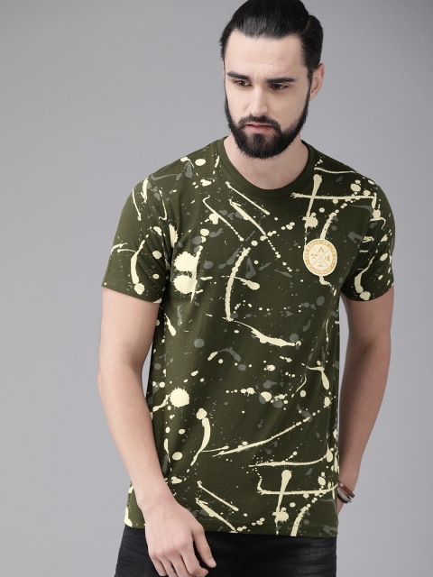 

Roadster Men Olive Green & Cream-Coloured Printed Round Neck T-shirt
