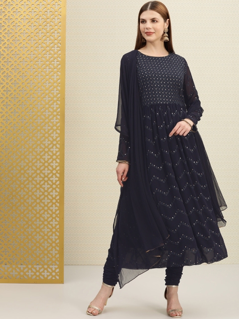 

House of Pataudi Women Navy Blue Embroidered Kurta with Churidar & Dupatta