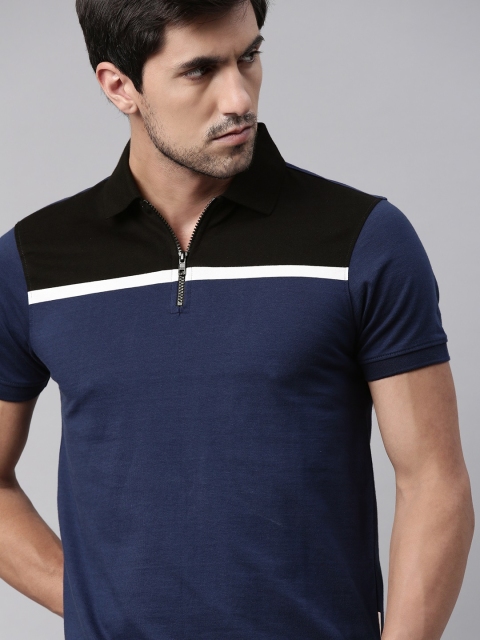 

The Roadster Lifestyle Co Men Blue Black Colourblocked Polo Collar Pure Cotton T-shirt