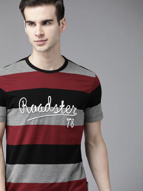 

Roadster Men Maroon & Black Brand Logo Embroidered Pure Cotton T-shirt